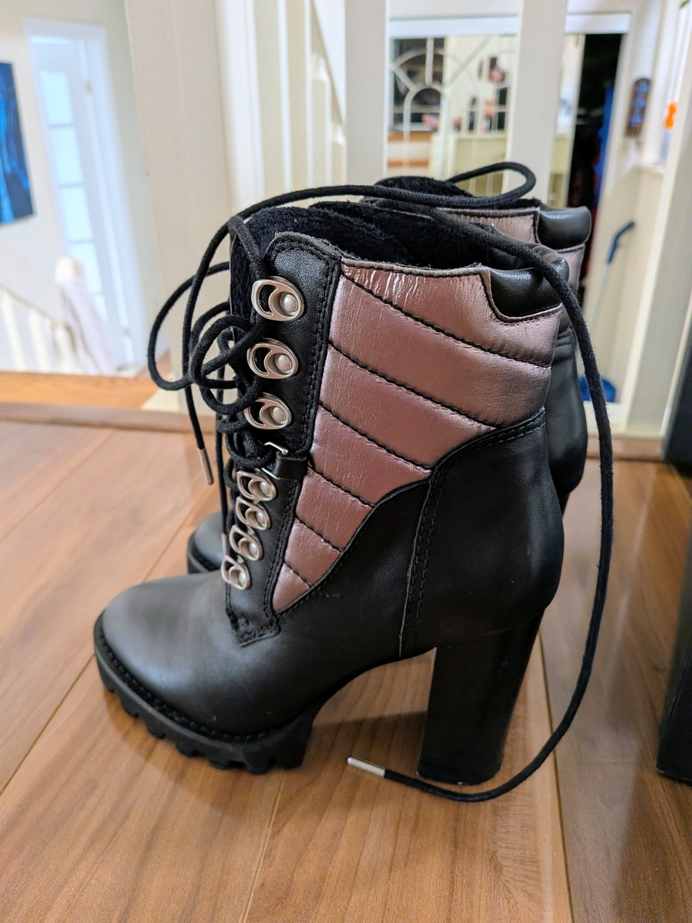 RUDSAK Black Leather & Metallic Quilted Heeled Lace-Up Combat Ankle Boots, 37